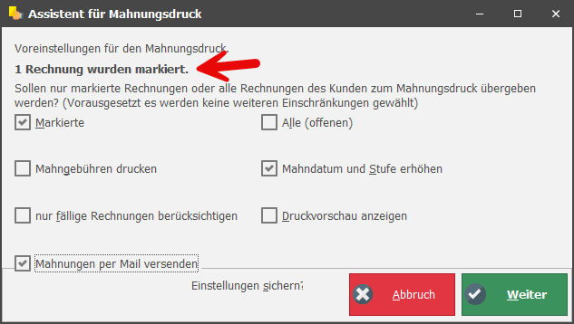 Mahnassistent bei selektierter Rechnung